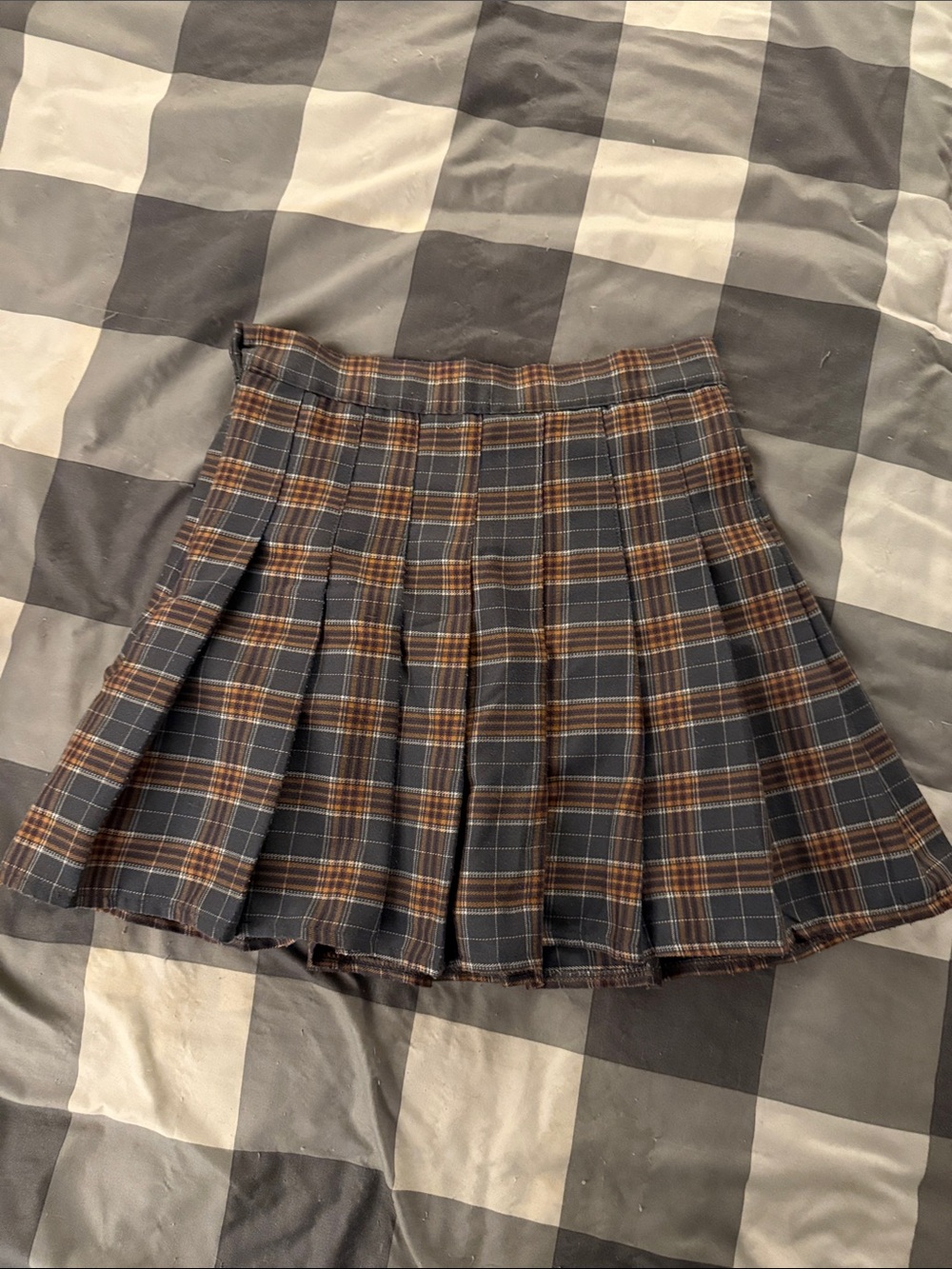 Plaid Pleated Skater Skirt in Brown and Gray